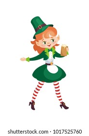 Image of a leprechaun girl in cartoon style. Saint Patrick’s Day illustration isolated on the white background.