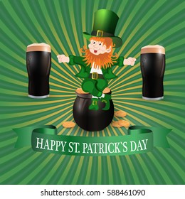 Image leprechaun and two glasses of dark beer. Greeting inscription Happy Patrick`s Day. Vector illustration