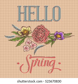 Image with lettering Hello Spring and flowers
