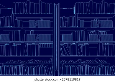 The image is of a library with shelves full of books. The books are arranged in rows and are of various sizes. The blue color of the image gives it a calm and peaceful atmosphere