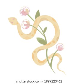 Bild einer hellgelben, gefleckten Schlange mit Blumen. Logo 