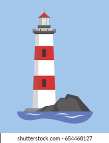 The image of the lighthouse on the mountain. Vector illustration.