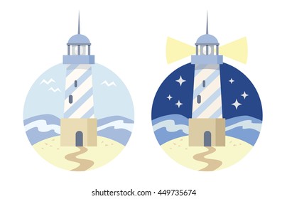 The image of a lighthouse in the sea. Day and night. Flat icon. Vector. Blue, yellow colors.