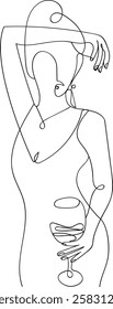 image of a line art girl holding a glass isolated image on a white background