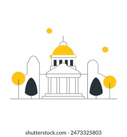 The image is a line drawing of a classic government building with a dome and columns. The building is in front of a large yellow sun, and trees with puffy black clouds for leaves on eith