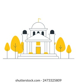 The image is a line drawing of a classic government building with a dome and columns. The building is in front of a large yellow sun, and trees with puffy black clouds for leaves on eith