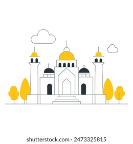 The image is a line drawing of a classic government building with a dome and columns. The building is in front of a large yellow sun, and trees with puffy black clouds for leaves on eith