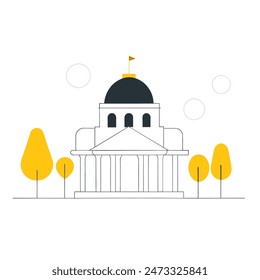 The image is a line drawing of a classic government building with a dome and columns. The building is in front of a large yellow sun, and trees with puffy black clouds for leaves on eith