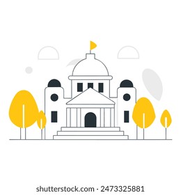 The image is a line drawing of a classic government building with a dome and columns. The building is in front of a large yellow sun, and trees with puffy black clouds for leaves on eith