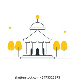 The image is a line drawing of a classic government building with a dome and columns. The building is in front of a large yellow sun, and trees with puffy black clouds for leaves on eith