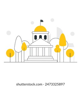 The image is a line drawing of a classic government building with a dome and columns. The building is in front of a large yellow sun, and trees with puffy black clouds for leaves on eith