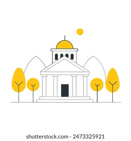 The image is a line drawing of a classic government building with a dome and columns. The building is in front of a large yellow sun, and trees with puffy black clouds for leaves on eith