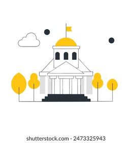 The image is a line drawing of a classic government building with a dome and columns. The building is in front of a large yellow sun, and trees with puffy black clouds for leaves on eith