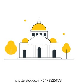 The image is a line drawing of a classic government building with a dome and columns. The building is in front of a large yellow sun, and trees with puffy black clouds for leaves on eith