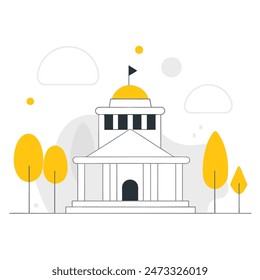 The image is a line drawing of a classic government building with a dome and columns. The building is in front of a large yellow sun, and trees with puffy black clouds for leaves on eith