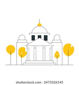 The image is a line drawing of a classic government building with a dome and columns. The building is in front of a large yellow sun, and there are two trees with puffy black clouds for leaves on eith