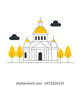 The image is a line drawing of a classic government building with a dome and columns. The building is in front of a large yellow sun, and there are two trees with puffy black clouds for leaves on eith