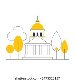 The image is a line drawing of a classic government building with a dome and columns. The building is in front of a large yellow sun, and there are two trees with puffy black clouds for leaves on eith