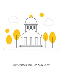 The image is a line drawing of a classic government building with a dome and columns. The building is in front of a large yellow sun, and there are two trees with puffy black clouds for leaves on eith