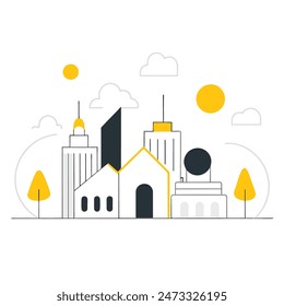 The image is a line drawing of a classic government building with a dome and columns. The building is in front of a large yellow sun, and there are two trees with puffy black clouds for leaves on eith