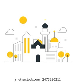 The image is a line drawing of a classic government building with a dome and columns. The building is in front of a large yellow sun, and there are two trees with puffy black clouds for leaves on eith