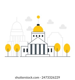 The image is a line drawing of a classic government building with a dome and columns. The building is in front of a large yellow sun, and there are two trees with puffy black clouds for leaves on eith