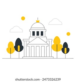 The image is a line drawing of a classic government building with a dome and columns. The building is in front of a large yellow sun, and there are two trees with puffy black clouds for leaves on eith