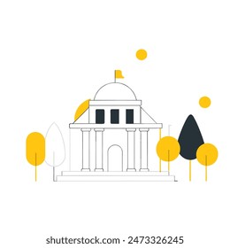 The image is a line drawing of a classic government building with a dome and columns. The building is in front of a large yellow sun, and there are two trees with puffy black clouds for leaves on eith