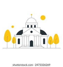 The image is a line drawing of a classic government building with a dome and columns. The building is in front of a large yellow sun, and there are two trees with puffy black clouds for leaves on eith