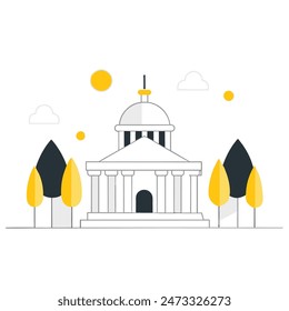 The image is a line drawing of a classic government building with a dome and columns. The building is in front of a large yellow sun, and there are two trees with puffy black clouds for leaves on eith