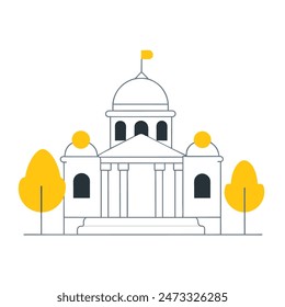 The image is a line drawing of a classic government building with a dome and columns. The building is in front of a large yellow sun, and there are two trees with puffy black clouds for leaves on eith