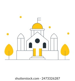 The image is a line drawing of a classic government building with a dome and columns. The building is in front of a large yellow sun, and there are two trees with puffy black clouds for leaves on eith