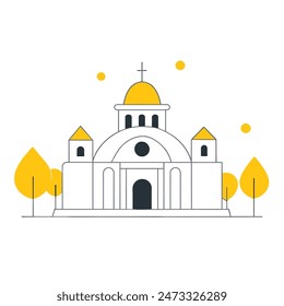 The image is a line drawing of a classic government building with a dome and columns. The building is in front of a large yellow sun, and there are two trees with puffy black clouds for leaves on eith