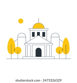 The image is a line drawing of a classic government building with a dome and columns. The building is in front of a large yellow sun, and there are two trees with puffy black clouds for leaves on eith