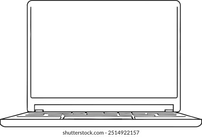 A imagem é um desenho em linha de um laptop, com uma tela em branco. O notebook tem um teclado e um touch pad