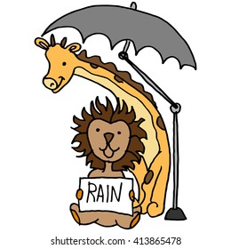 An image of a lion and giraffe holding rain sign under umbrella.
