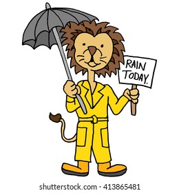 An image of a lion wearing trench coat holding umbrella and sign.