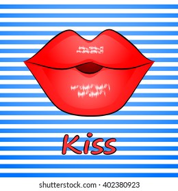 The image of the lips with bright red lipstick in a passionate kiss with the inscription "Kiss" on the background in blue and white stripes.