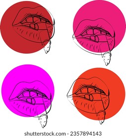 Image of lips with a cigarette. A simple picture, a sketch of the mouth in black, against a background of bright, different circles. A ready-made advertisement for your lipstick.