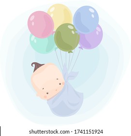 the image of a little baby in diapers who flies on colorful balloons.
stock isolated illustration on white background for printing on postcards, websites, shop advertising in cartoon style