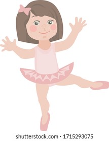 
image of a little ballerina girl who dances in a pink skirt tutu and pointe shoes.
stock isolated illustration on white background for printing on postcards, websites, shop advertising , cartoon 