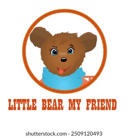 Imagem de um pequeno urso emoldurado em uma forma redonda com uma inscrição abaixo dele Pequeno urso meu amigo. Ilustração de vetor de design de ícone e logotipo para impressão de t shirt.