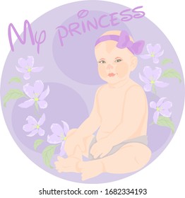 
Image of a little child girl with a bow on her head, which sits on a lilac background. greeting card with text my princess and floral background in delicate colors.
stock isolated illustration 