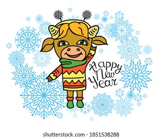 
Image of a little funny cow in the New Year. Happy New Year card