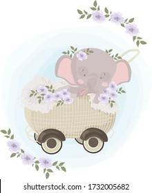 image of a little gray elephant calf lying in a beautiful vintage stroller surrounded by lace and flowers.
stock isolated illustration on white background for printing on postcards, websites, shop