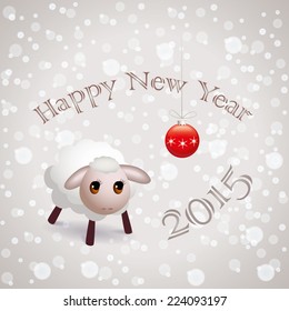 Image of a little lamb on a light background, looking at the Christmas ball. 2015 Year of the Sheep.