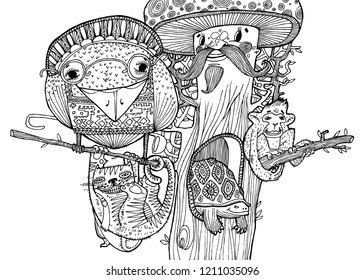 The image of a living tree, crow, cat, turtle, monkey. Black and white graphics, well suited for children's publications, design of other products.