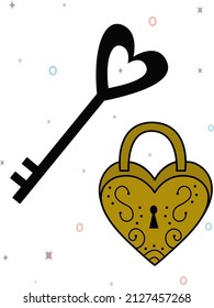 Image of a lock with a key. Vector element of the wedding celebration decor. valentine's day. Logo, icon. A simple contour vector, website or mobile application. Icon.