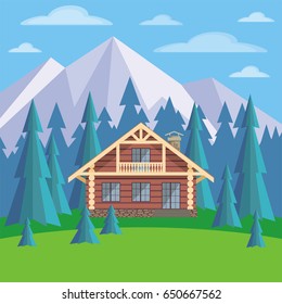 The image of a log house in an environment of fir trees. Beautiful summer landscape. Vector background.