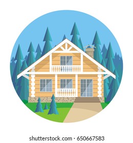 The image of a log house in an environment of fir trees. Beautiful summer landscape. Vector background.